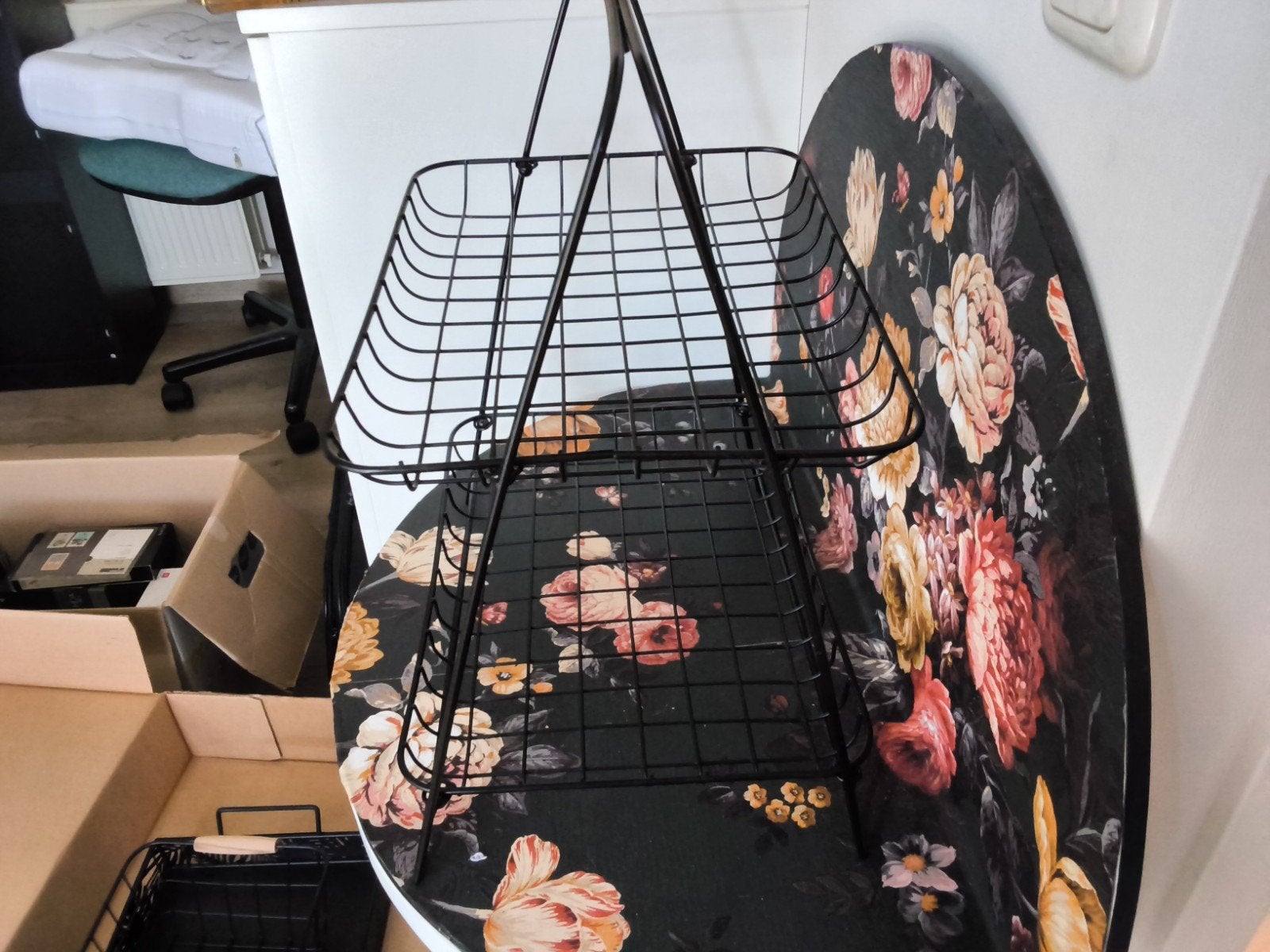 Zwart ijzeren fruitmandje met 2 niveaus, Huis en Inrichting, Woonaccessoires | Schalen en Manden, Ophalen, Gebruikt, Metaal, Mand