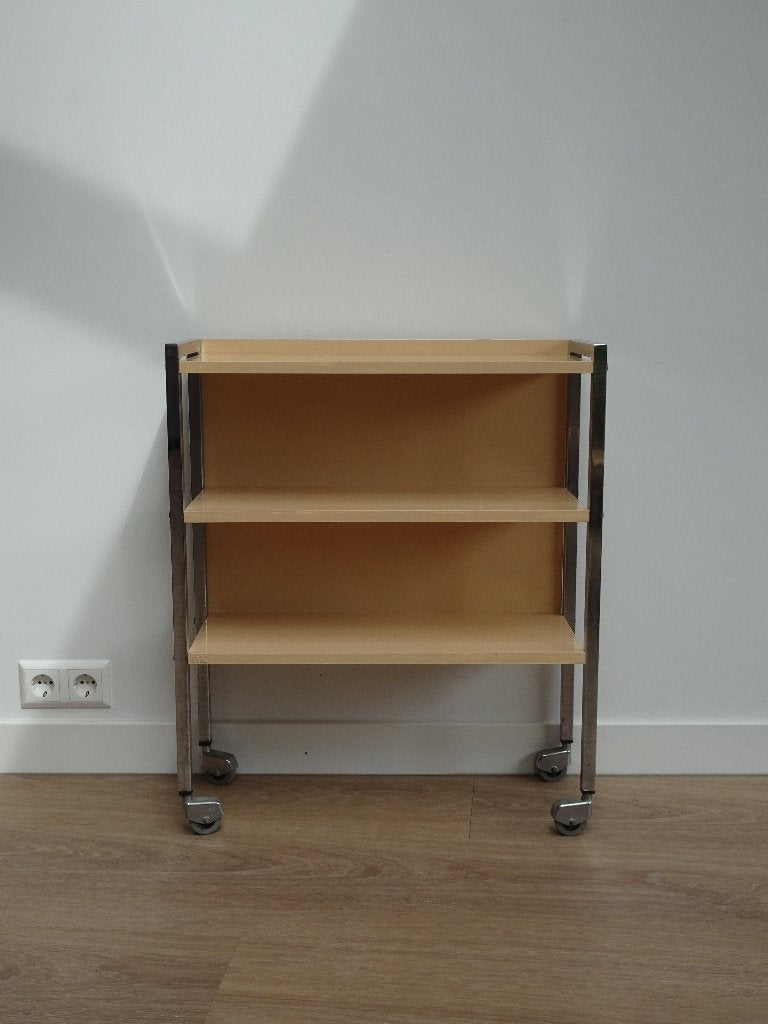 Vintage boekentrolley, trolley chroom met hout, Ophalen, Met plank(en), Gebruikt, 50 tot 100 cm