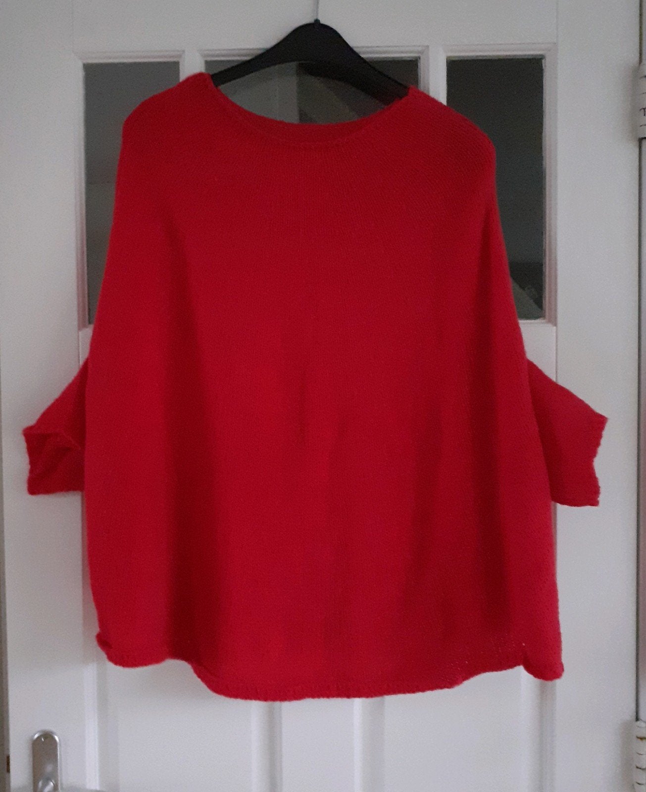 Handgebreide rode poncho met korte mouwen, Handmade, Maat 46/48 (XL) of groter, Ophalen of Verzenden, Zo goed als nieuw