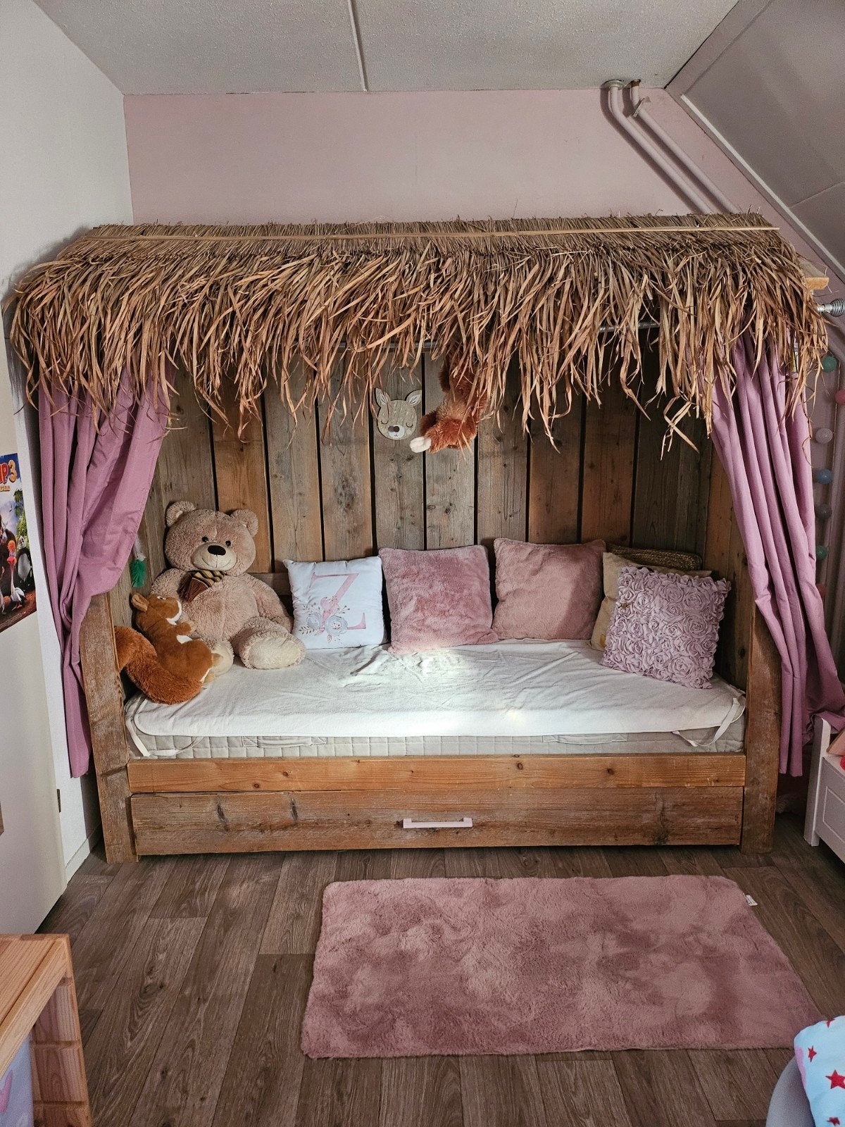 Steigerhouten bed huisje, Ophalen, 85 tot 100 cm, Gebruikt, Matras