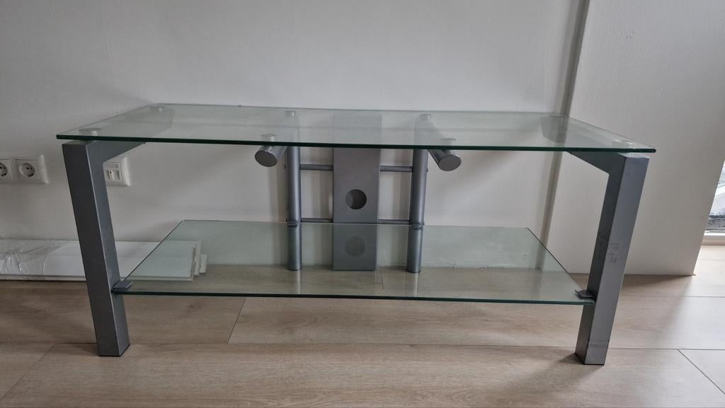 Glazen tv-meubel met metalen frame, Ophalen, Gebruikt, 100 tot 150 cm, Glas