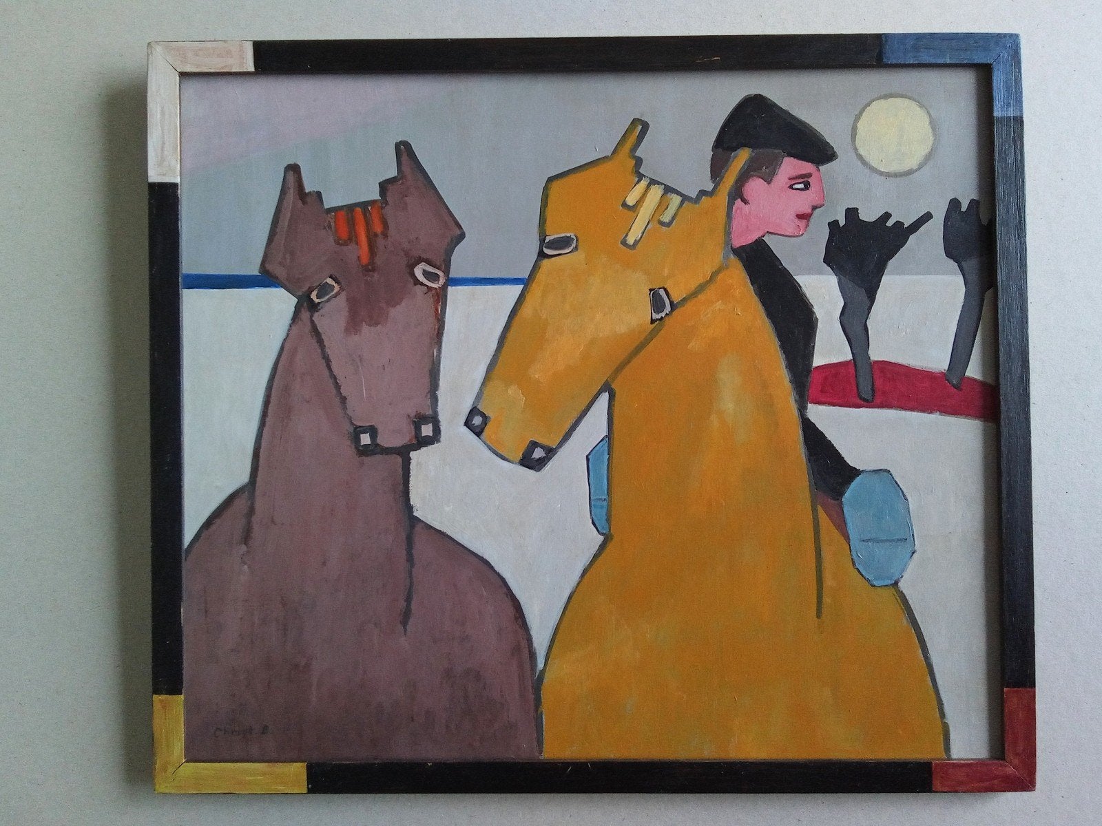 Modern schilderij met paarden en ruiter, 37x47 cm, ingelijst, Hout, Verzenden, Olieverf, Dieren