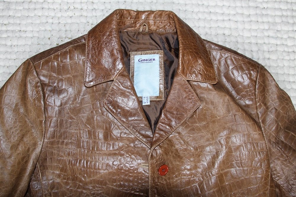 Prachtige Leren Ginger Jas (L) € 55,-, Bruin, Maat 42/44 (L), Ginger, Ophalen of Verzenden