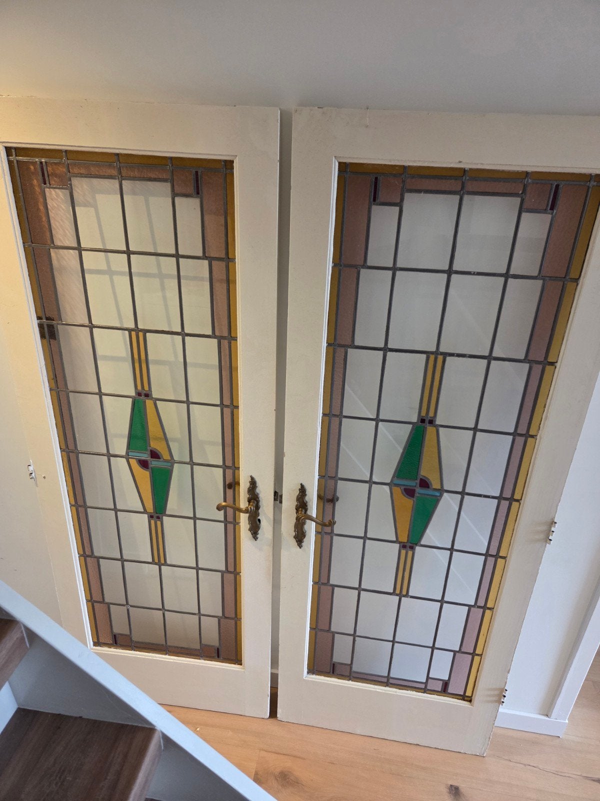 Twee prachtige jaren 30 glas-in-lood deuren, scharnierend, Ophalen, Gebruikt, Minder dan 80 cm, Binnendeur