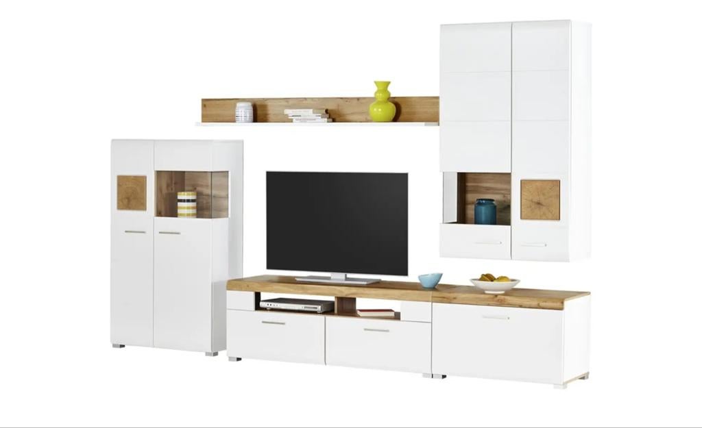Cortina TV Wall Unit with Lighting – Modern White & Oak Effe, Ophalen of Verzenden, 25 tot 50 cm, 150 tot 200 cm