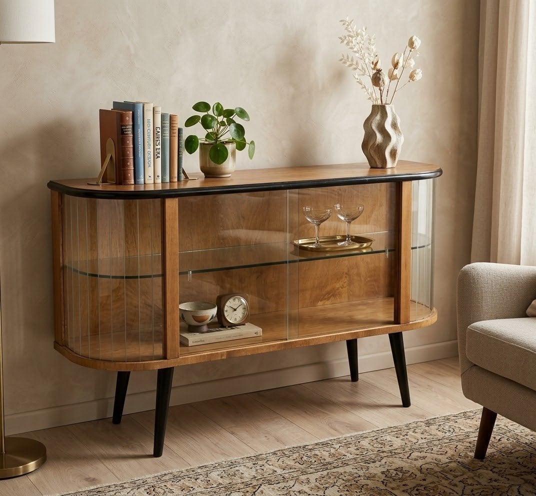 Vintage Vitrinekast met Gebogen Glas - Mid-Century Modern, Ophalen