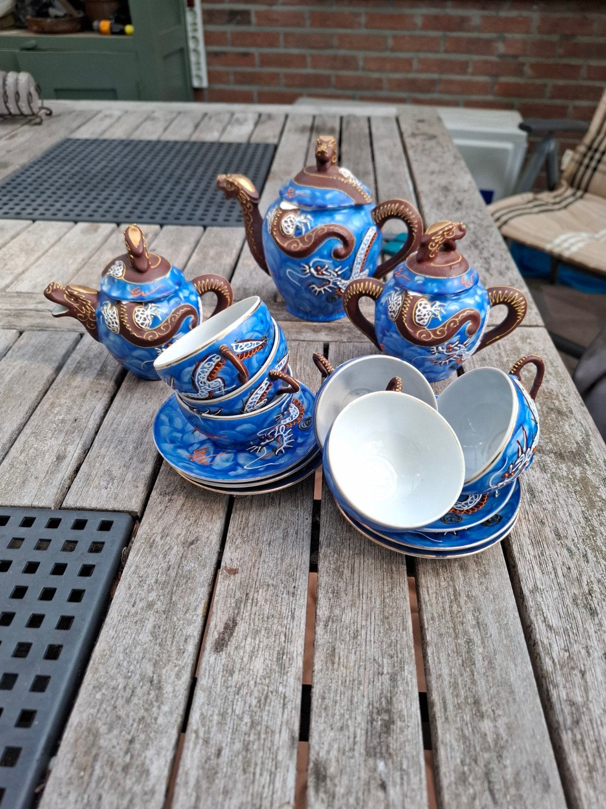 Vintage Chinees theeservies met drakenmotief, Ophalen of Verzenden
