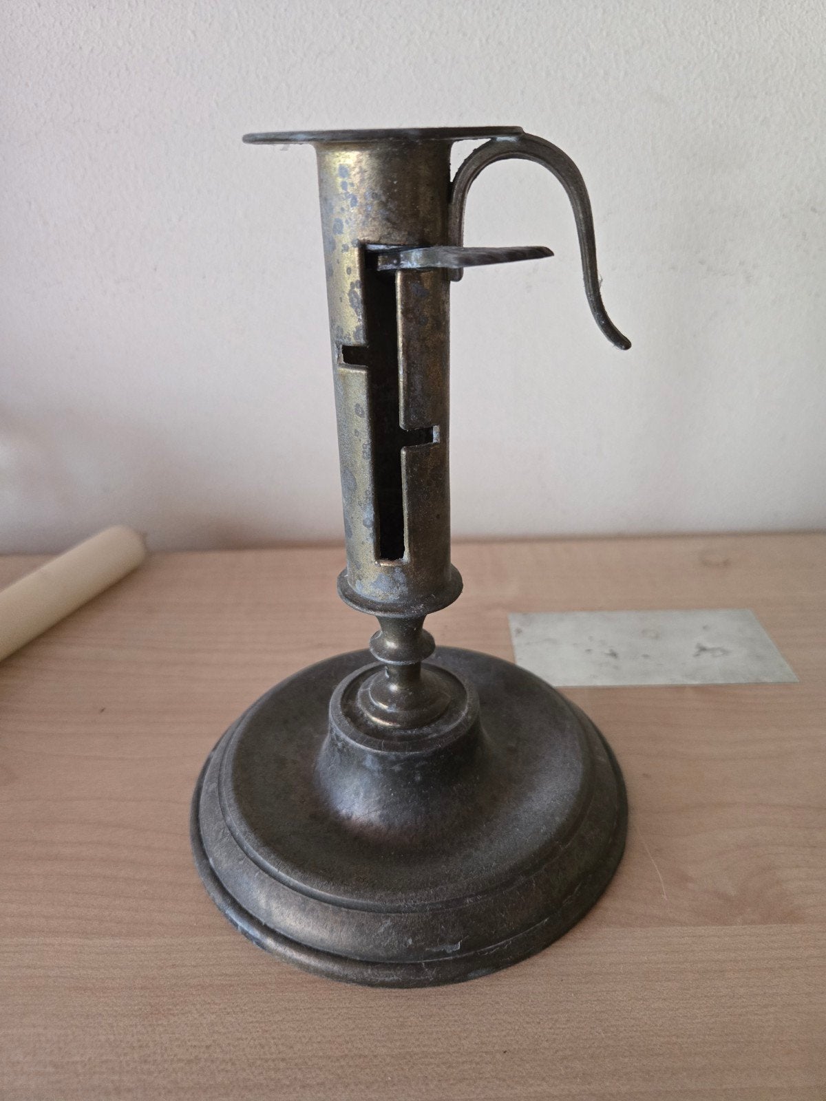 Antieke koperen kandelaar met schuifmechanisme, Ophalen of Verzenden, Koper of Brons