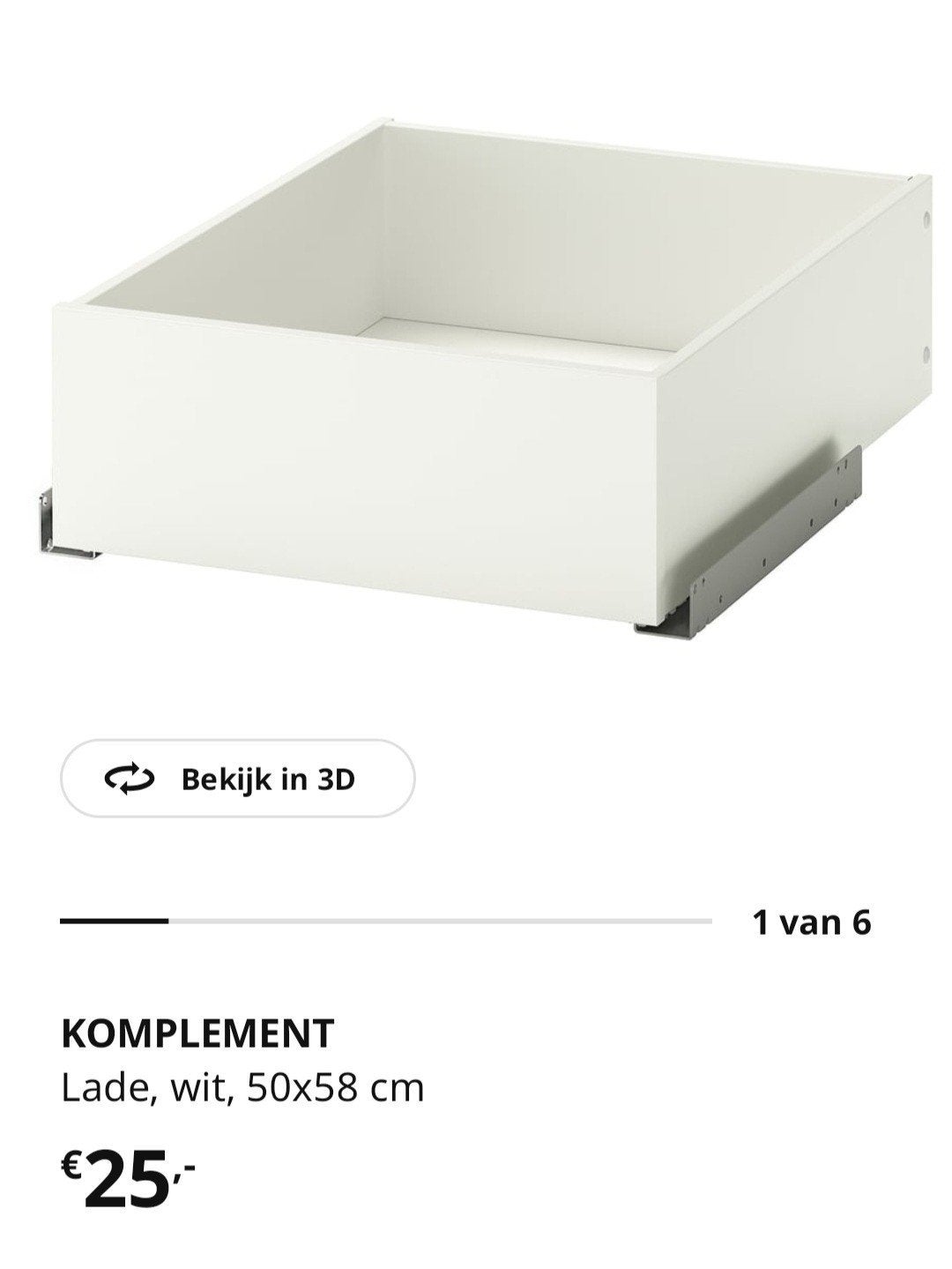IKEA PAX KOMPLEMENT lade wit 50x58 cm, Ophalen, 50 tot 75 cm, 50 tot 100 cm