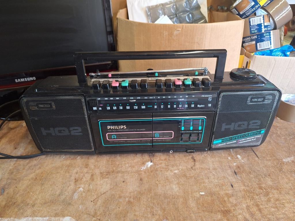 Vintage Philips dual cassette radio HQ2 boombox jaren 80, Ophalen of Verzenden