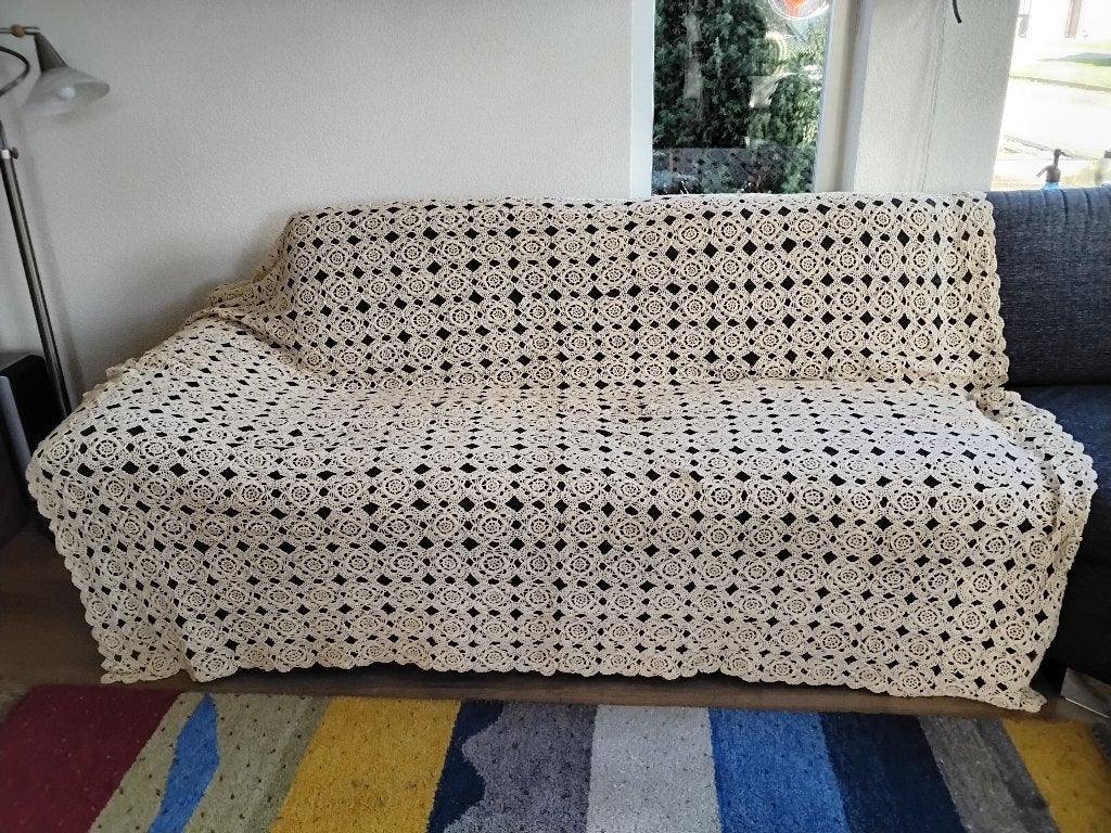 Vintage gehaakte sprei/deken van vissersgaren (215x200 cm), Gebruikt, Overige maten, Stof, Ophalen of Verzenden