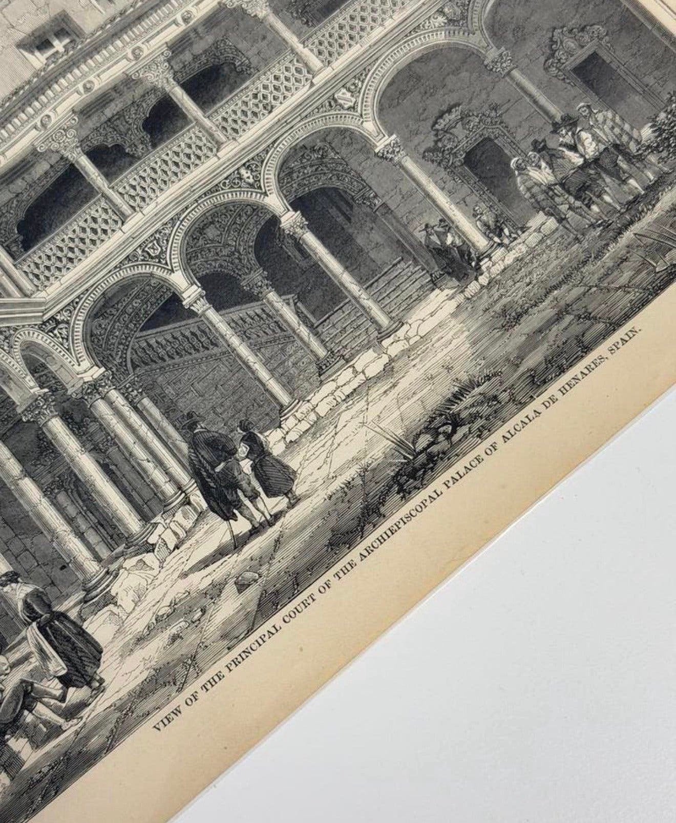 1859 Antieke Foto Prent Spanje Alcala Palace Building 1859, Ophalen of Verzenden, Voor 1940, Zo goed als nieuw, Gebouw