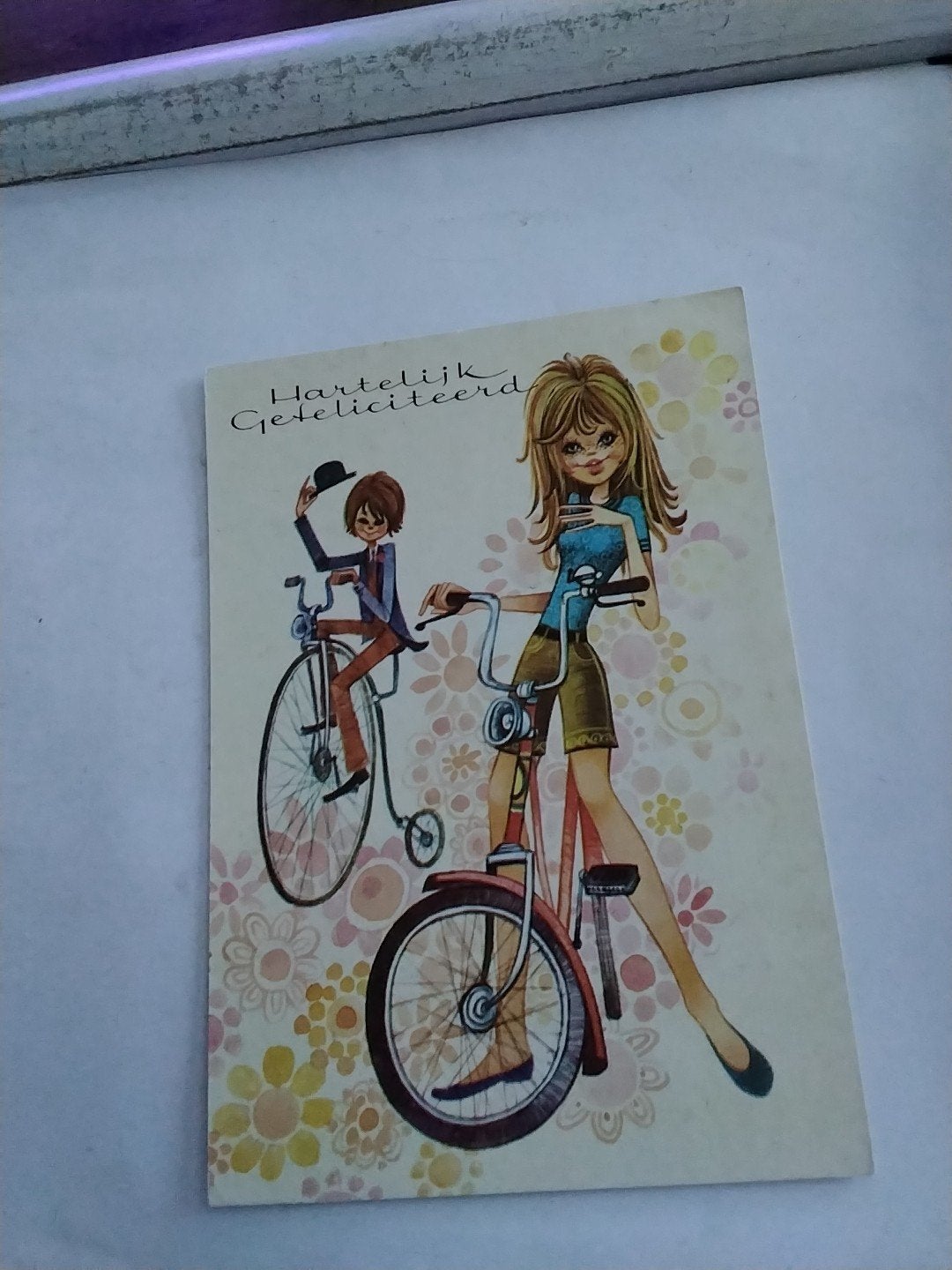 Vintage verjaardagskaart met fietsers, jaren '80, Verzamelen, Ophalen of Verzenden