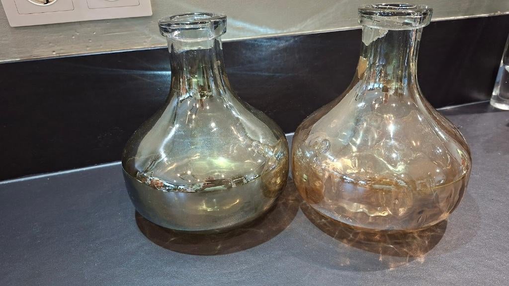 2 mooie parelmoer glazen vazen goud kleurig en groen, Ophalen of Verzenden, Minder dan 50 cm, Groen, Glas