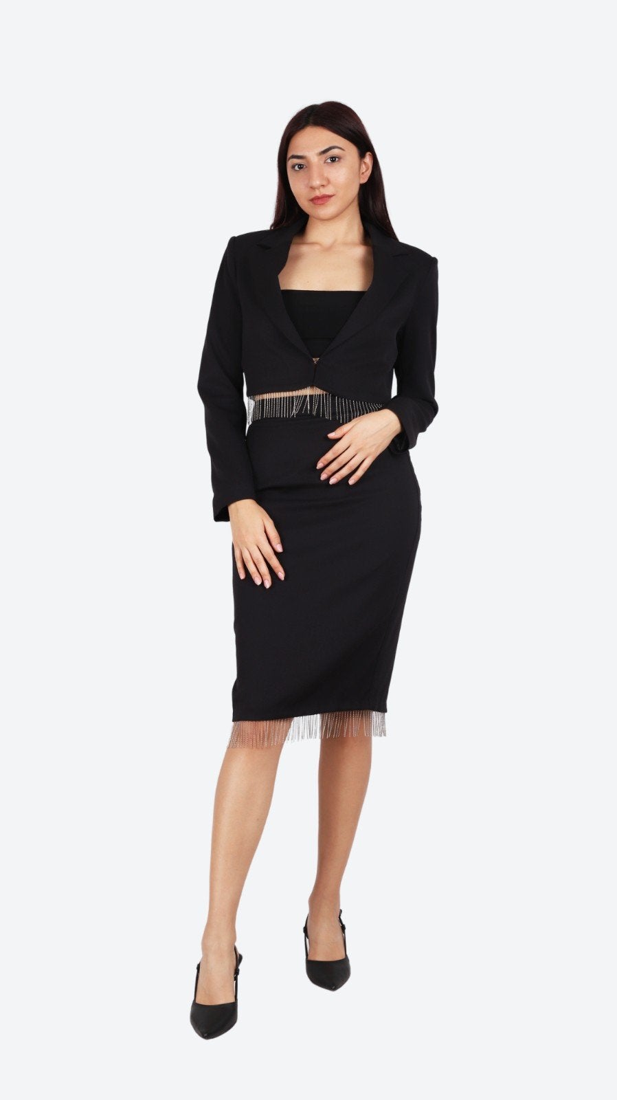 Zwart tweedelig pak met franjes - Blazer & Rok, Maat 38/40 (M), Zwart, BeliClassy, Nieuw