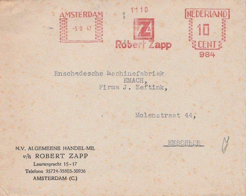 AMSTERDAM 1947 Alg Handel Mij vh ROBERT ZAPP Lauriergracht, Ophalen of Verzenden, 1940 tot 1960, Gelopen, Noord-Holland