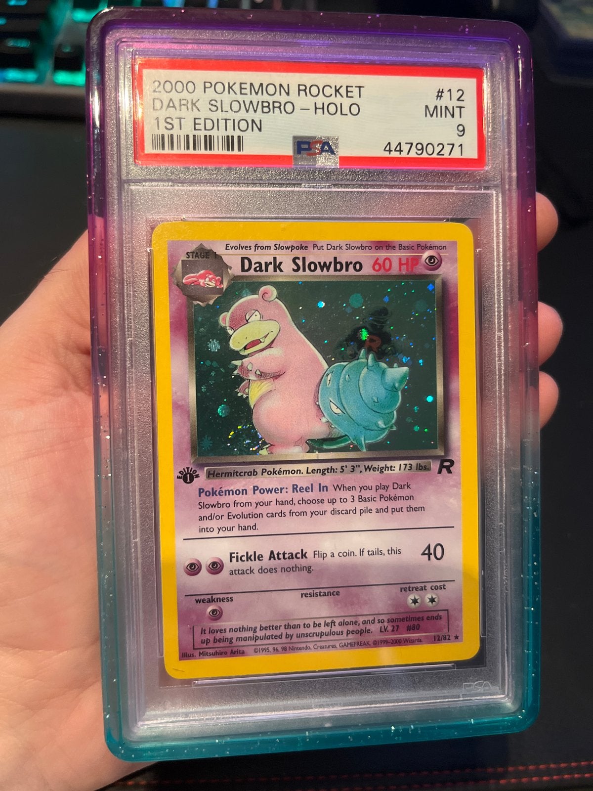 PSA 9 Dark Slowbro Holo 1st Edition Rocket Pokémon Kaart, Ophalen of Verzenden, Zo goed als nieuw, Losse kaart, Foil