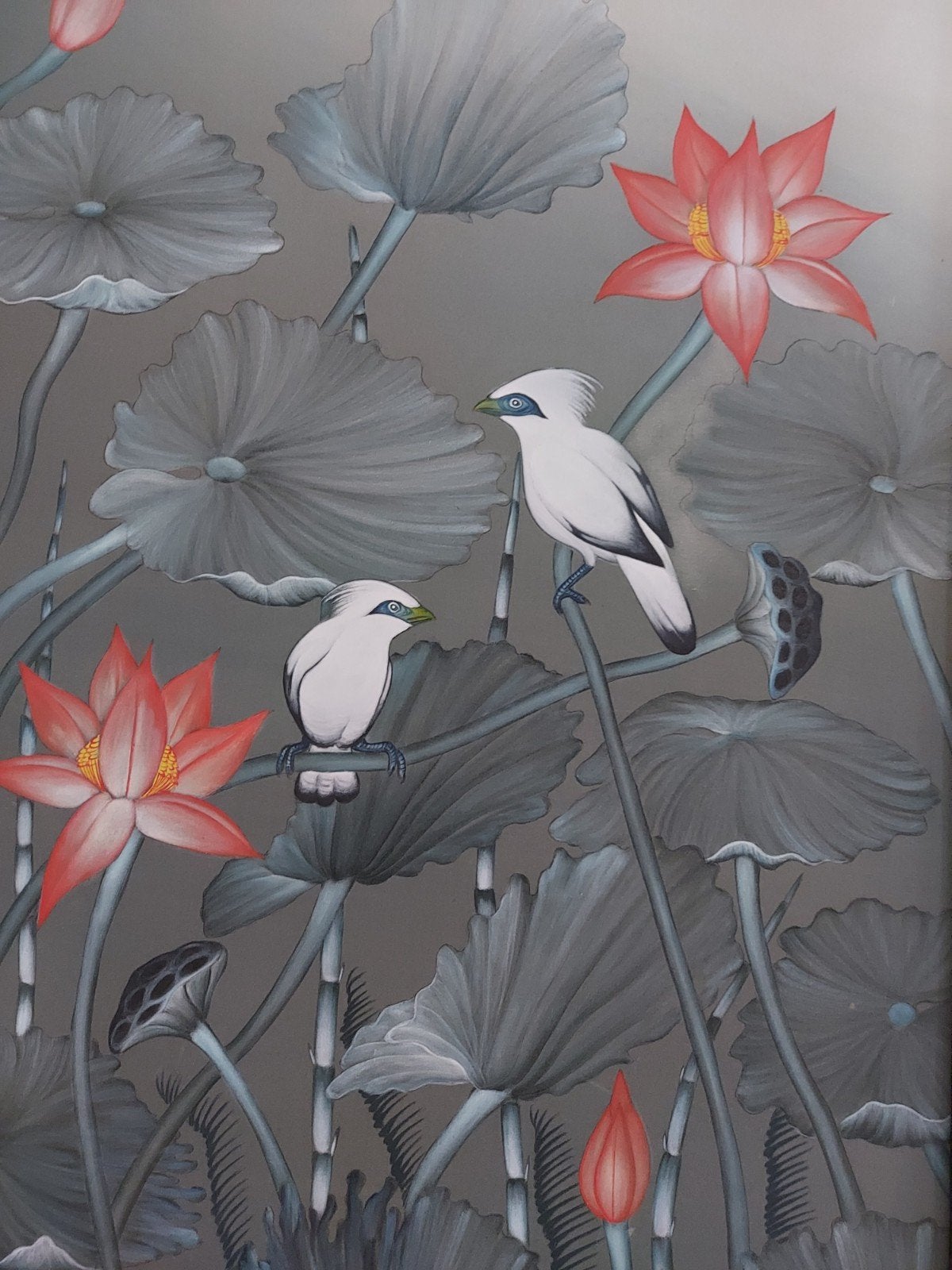 Schilderij met vogels en lotusbloemen, Bali, Ophalen, Indonesië, Schilderij, Textiel