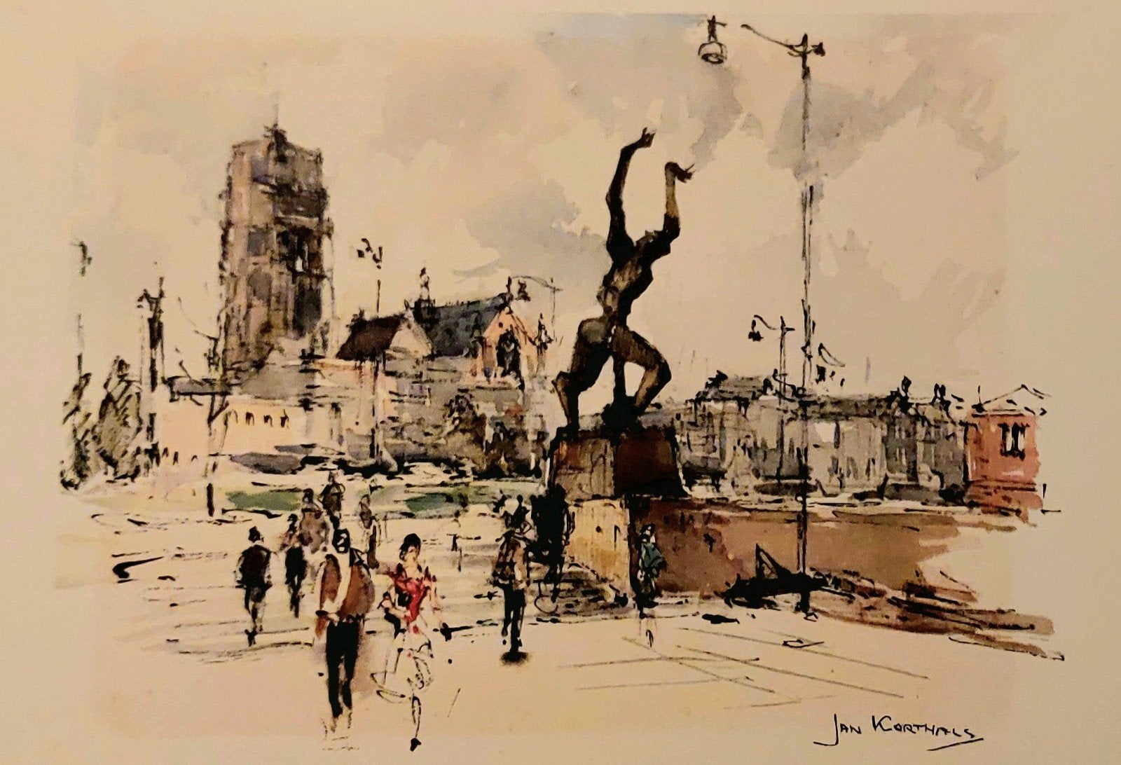 Het Zadkine/ St. Laurenskerk ... Jan Korthals Een aquarel sc, Ophalen of Verzenden