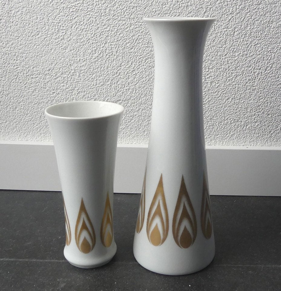 AK Kaiser Inka vintage vazen wit porselein gouden vlam decor, 28 cm, Gebruikt, Met patroon/structuur, Wit