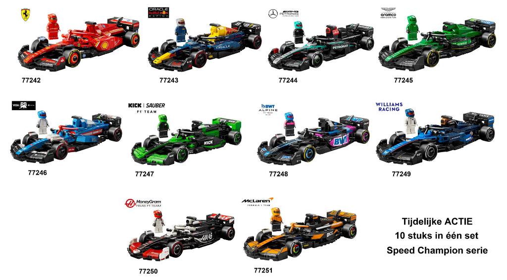 10 Speed Champions F1 auto's in SET 77242 t/m 77251, Ophalen of Verzenden, Nieuw, Complete set, Lego