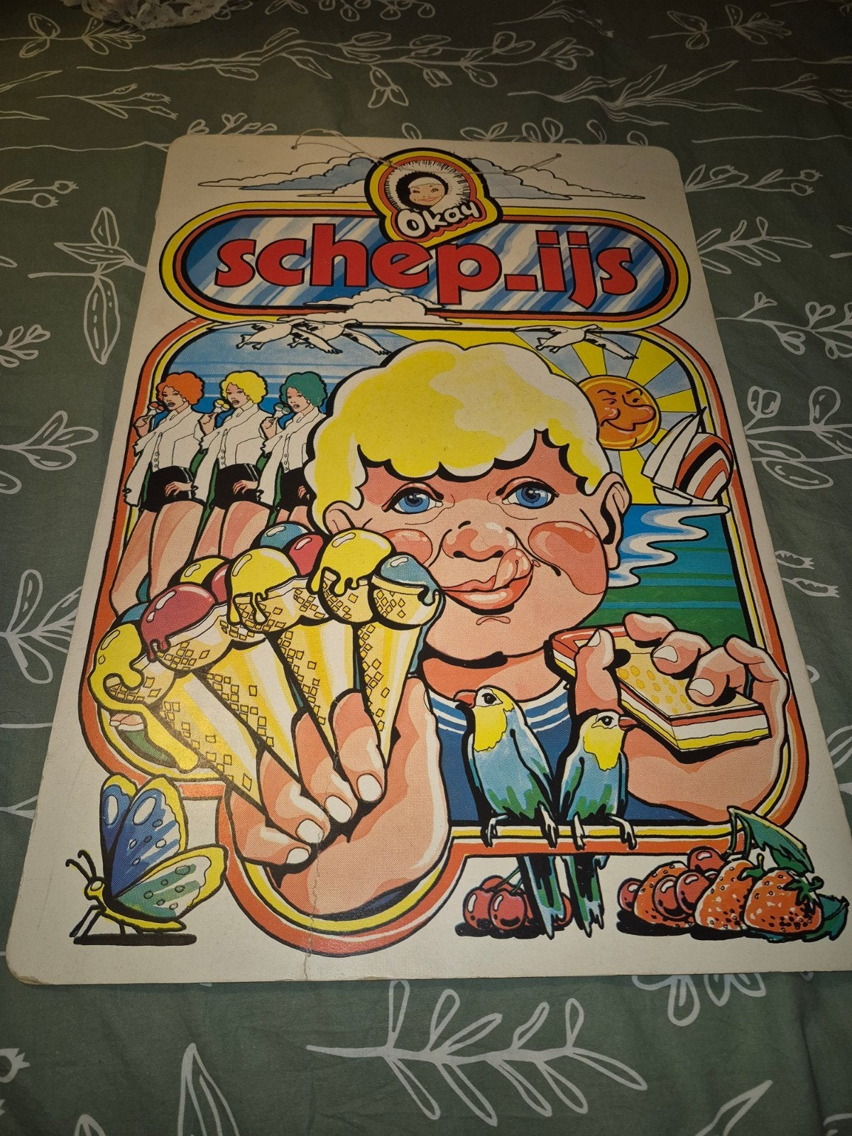 Vintage Okay Schepijs Kartonnen Bord - Jaren '70 Reclame, Ophalen of Verzenden, Gebruikt