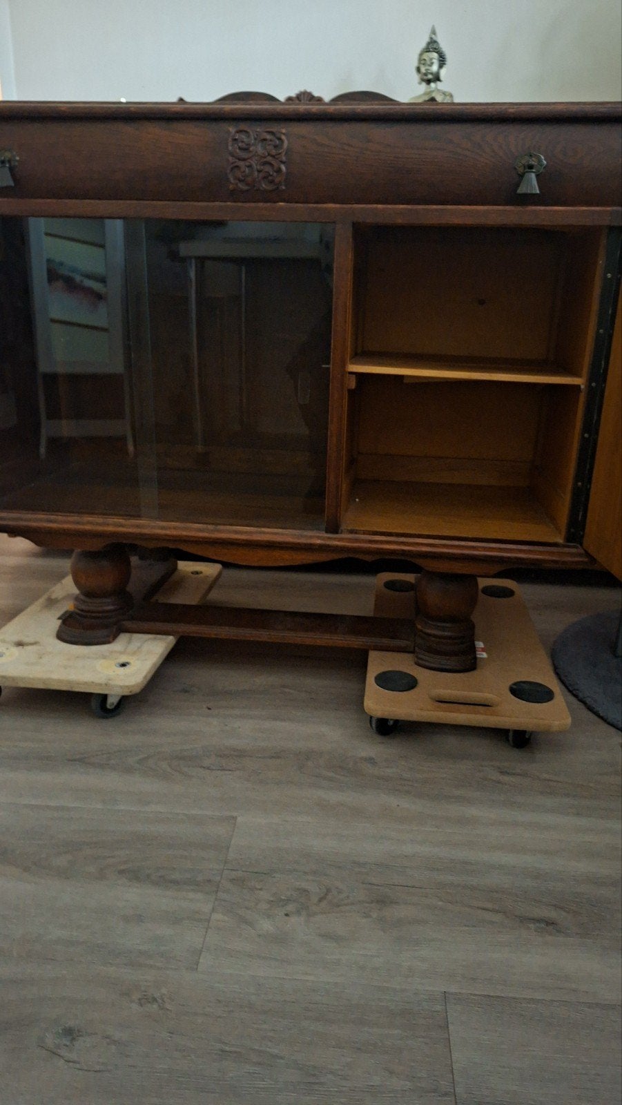 Theekastje, eikenhout. Breed 100 cm, diep 42,5 cm, hg 80 cm., Ophalen, Gebruikt, 50 tot 100 cm, Glas
