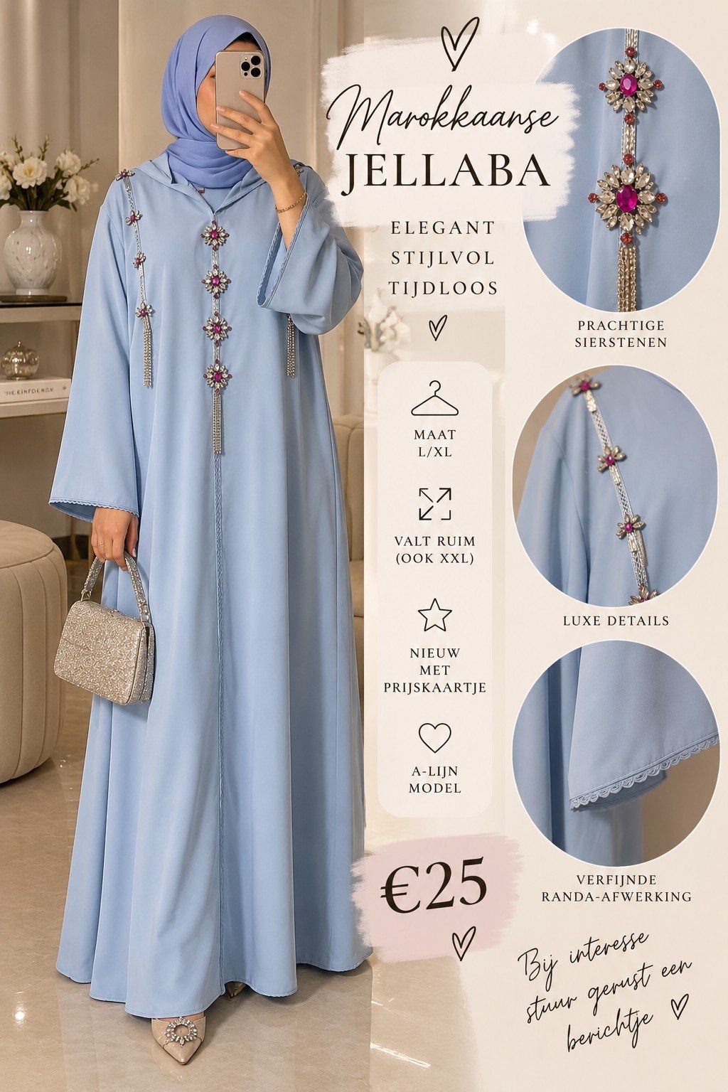 Nieuwe Lichtblauwe Marokkaanse Jellaba - Maat L/XL (XXL), Ophalen of Verzenden, Nieuw, Maat 46/48 (XL) of groter, Blauw