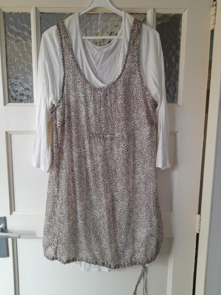Beige/bruine dames tuniek met luipaardprint, Ophalen of Verzenden, Zo goed als nieuw, MS Mode, Blouse of Tuniek