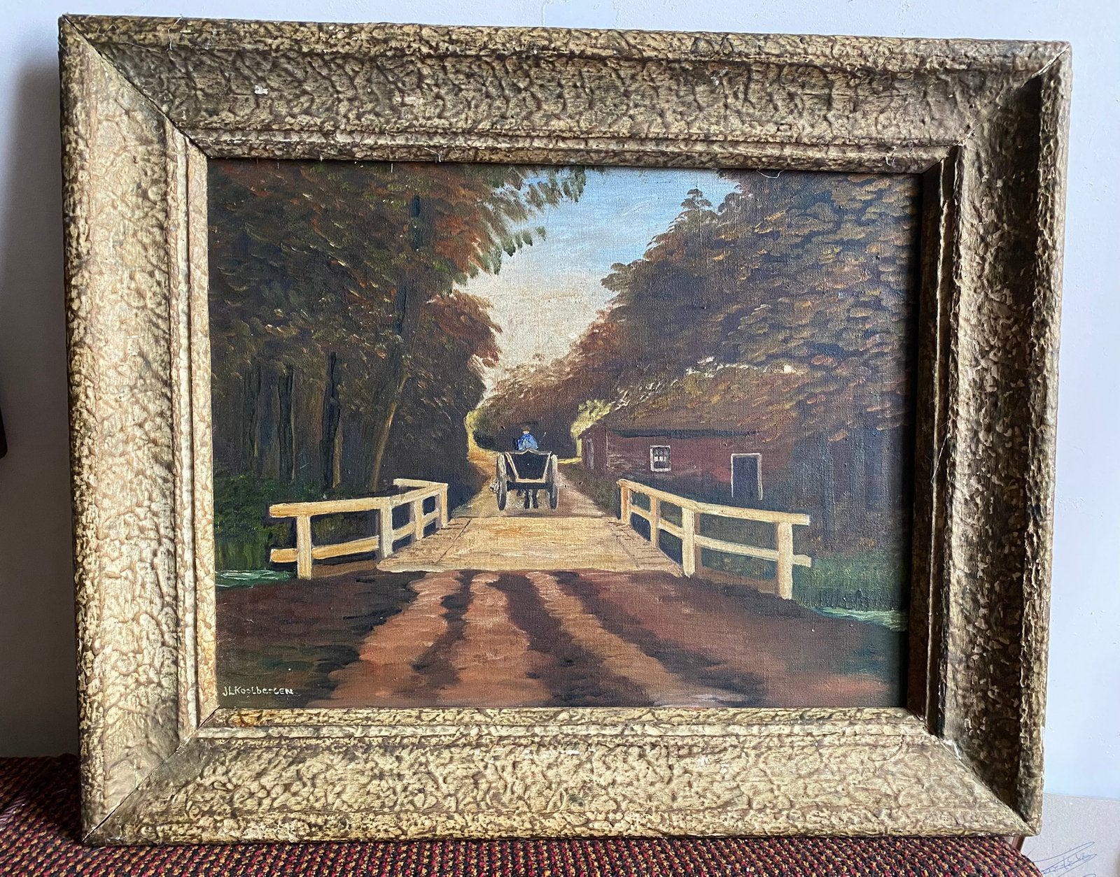 Schilderij van een landweg met boerenkar, Antiek en Kunst, Ophalen of Verzenden