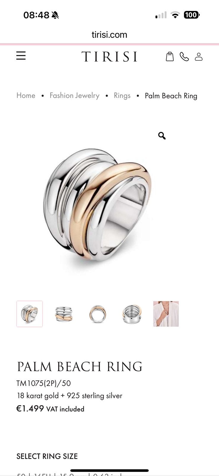 Tirisi ring rose goud 18 krt / zilver Model palm beach Nieuw, Ophalen, Nieuw, 17 tot 18, Dame