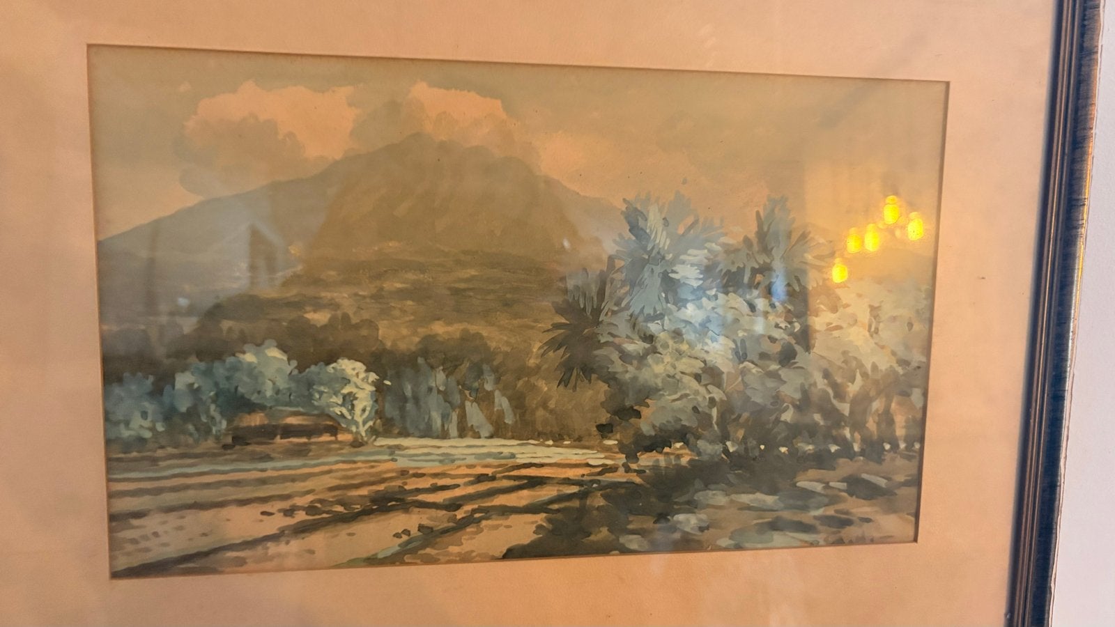 Tropisch Landschap Aquarel met Berg en Rijstvelden, Realistisch, Ophalen of Verzenden, Landschap, Aquarel
