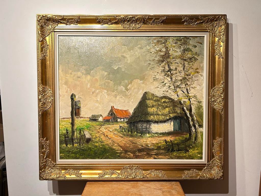 P. Bosmans - Boerenerf met hoeves - Olieverf op doek, Ophalen of Verzenden