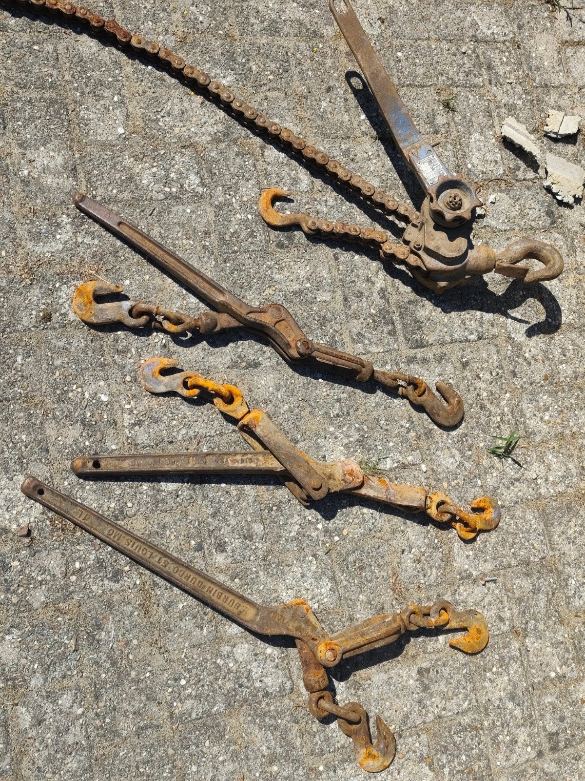 Brano rateltakel 1,6 ton + 3 kettingspanners / sjorbinders, Ophalen, Gebruikt, Handmatig