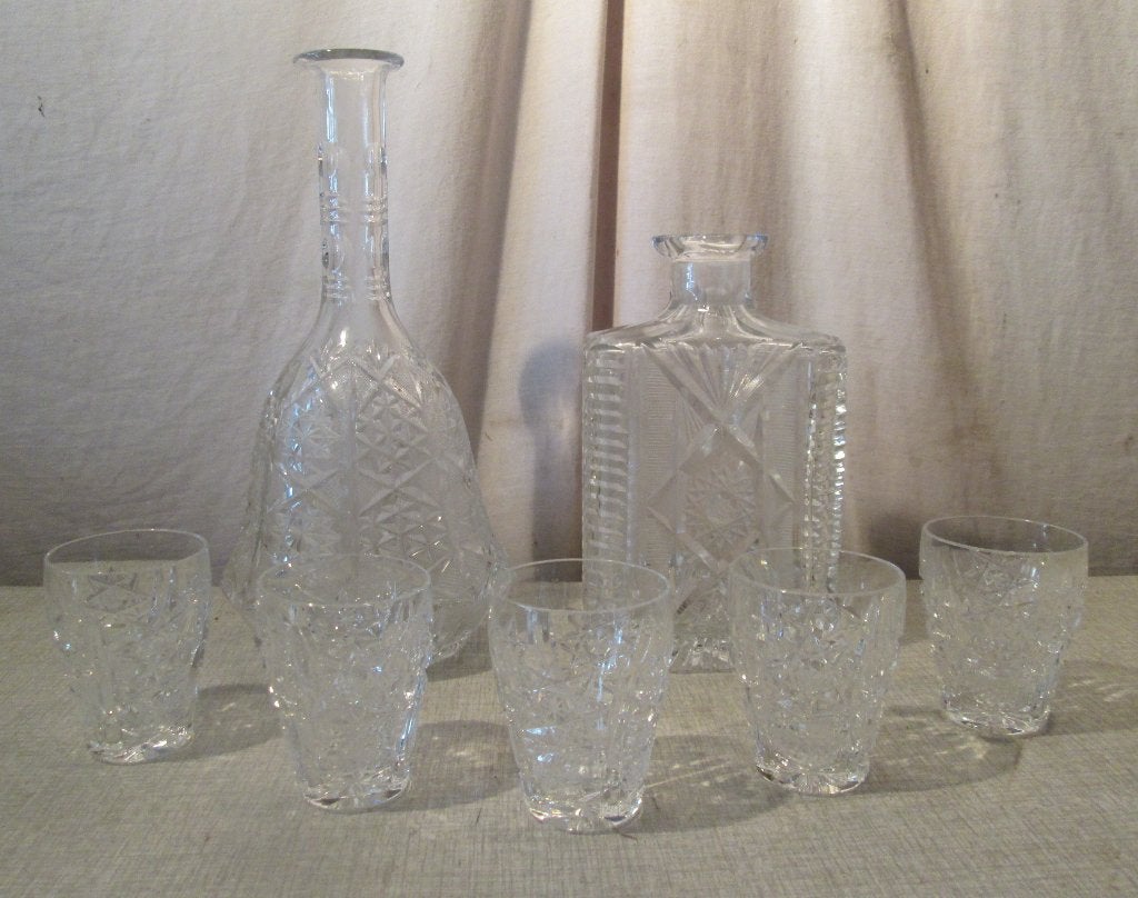 2 Mooie Oude Glazen Karaffen met 5 bijhorende Glazen, Antiek en Kunst, Antiek | Glas en Kristal, Ophalen of Verzenden