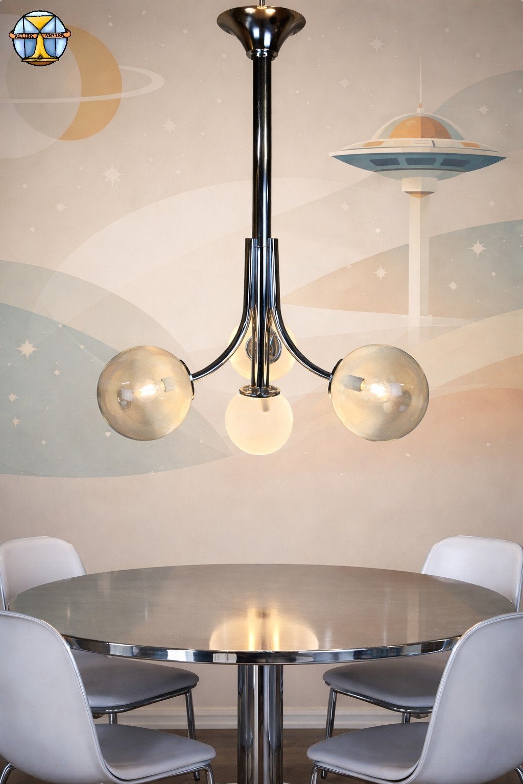 Vintage Space Age Chroom en Murano Glas Italiaanse Hanglamp, Gebruikt, ., Vintage  / space age  / mid century modern, .