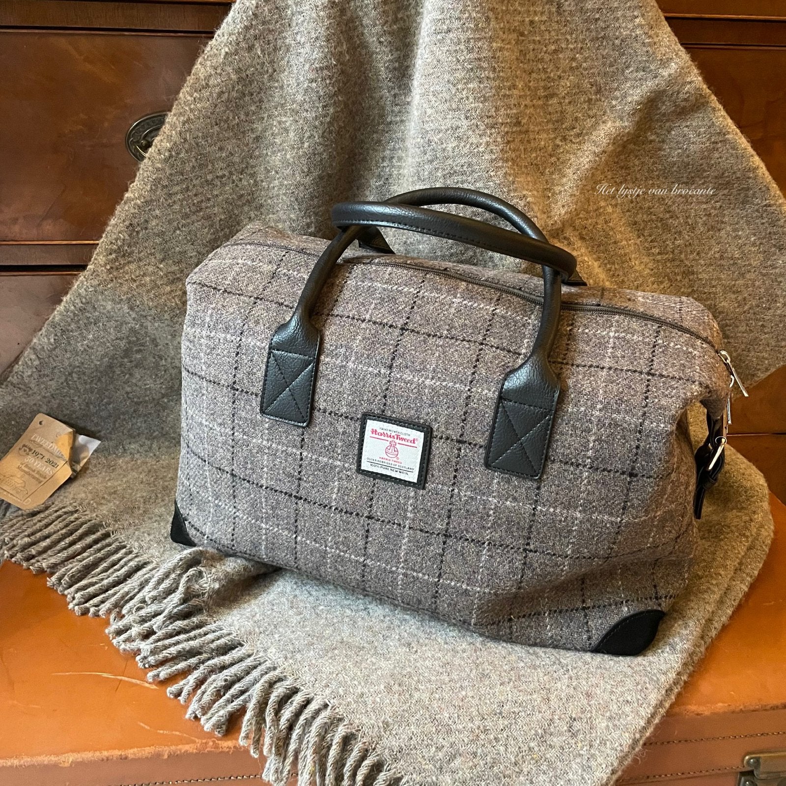 Schotse Harris Tweed Weekendtas Taupe Check, Info@lijstjevanbrocante.nl, Zwart, Ophalen of Verzenden, Westdijk 41 3241 GT Middelharnis