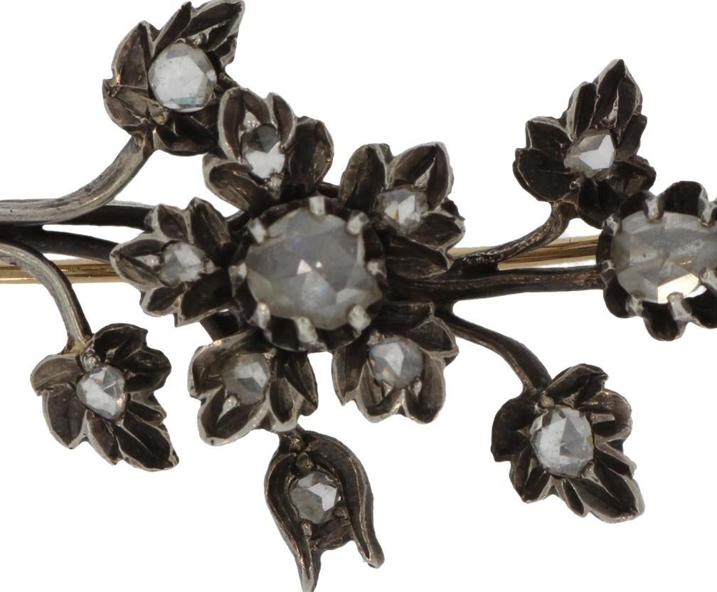 Fraaie bloem tak broche 12 diamanten 14k goud zilver dames, Verzenden, Goud, Broche, Met edelsteen