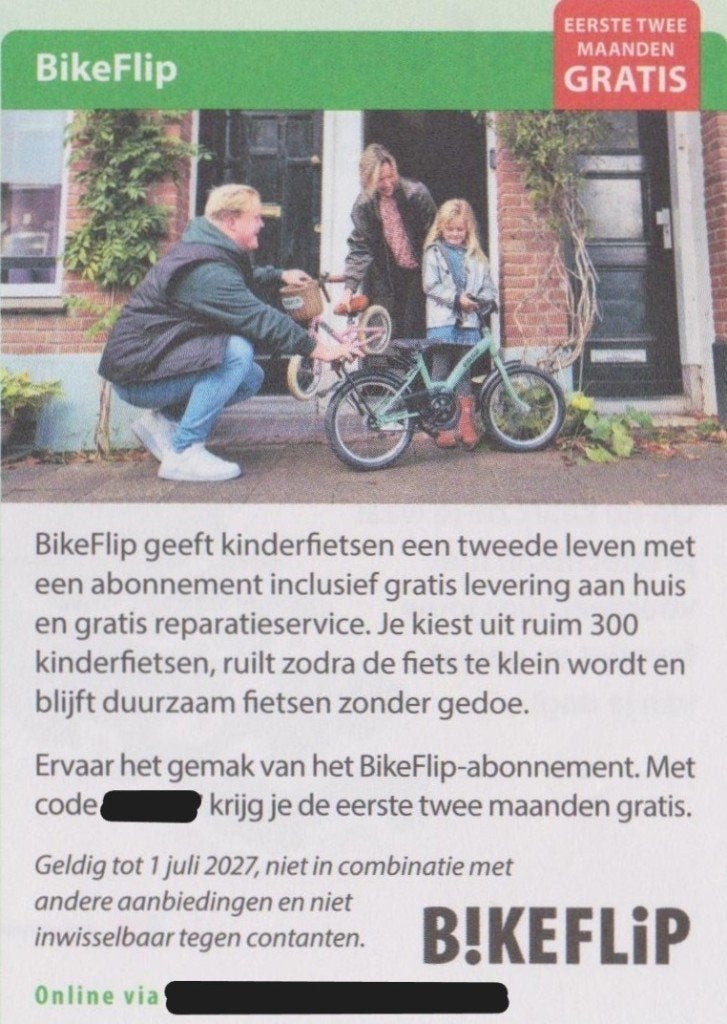 BikeFlip Kinderfietsen 2 maanden gratis. Postcodeloterij bon, Eén persoon, Kortingsbon, Warenhuis- of Winkelbon