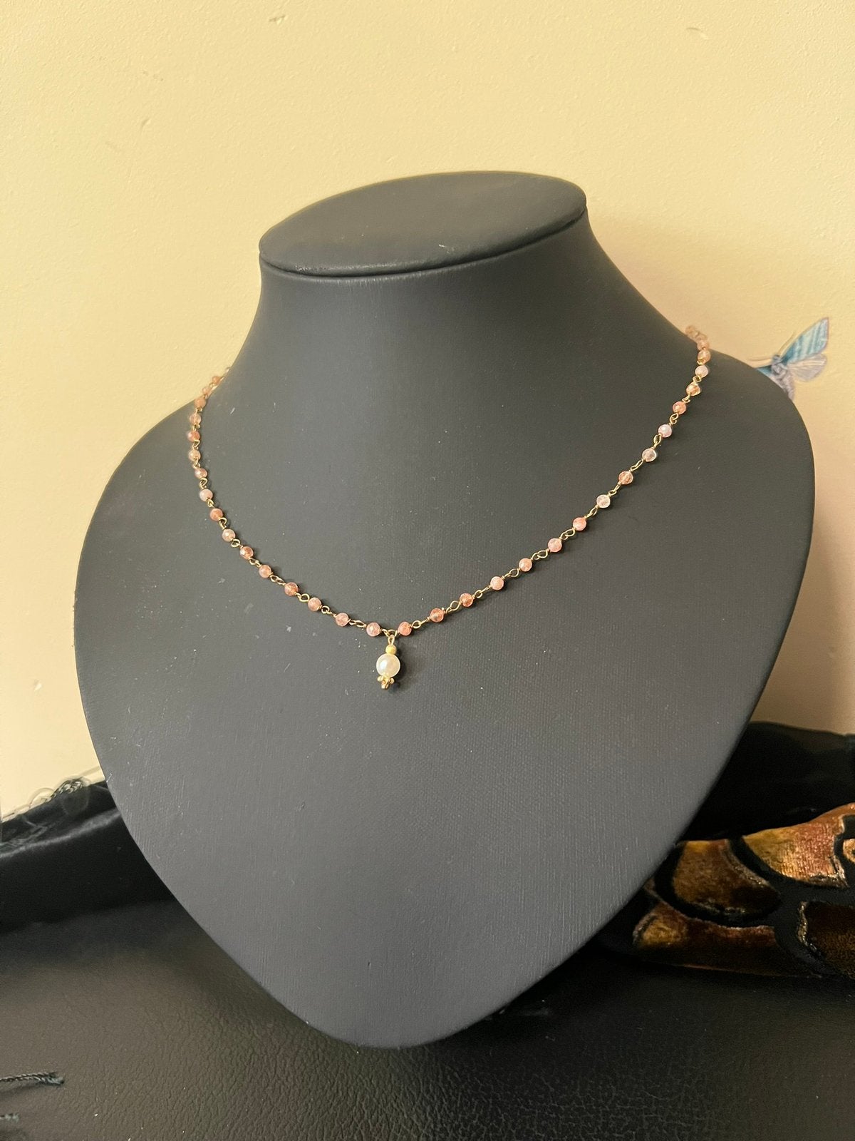 Akoya zoutwater parel zonnesteen zilver beschermt geluk, Sieraden, Tassen en Uiterlijk, Kettingen, Magnolia11, Nieuw, Oranje, Ophalen of Verzenden