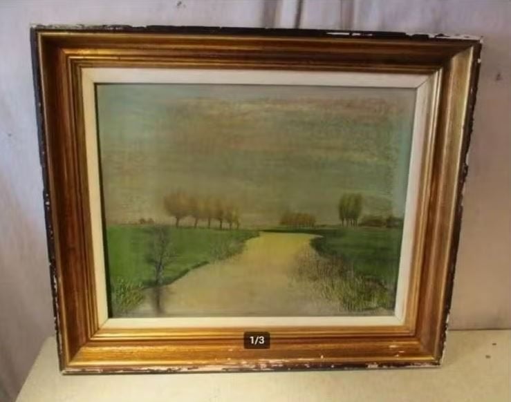 Mooi Oud Geschilderd Werk 'Rivier en platte land' - gesig, Paneel, Ophalen of Verzenden, Gedateerd, Landschap
