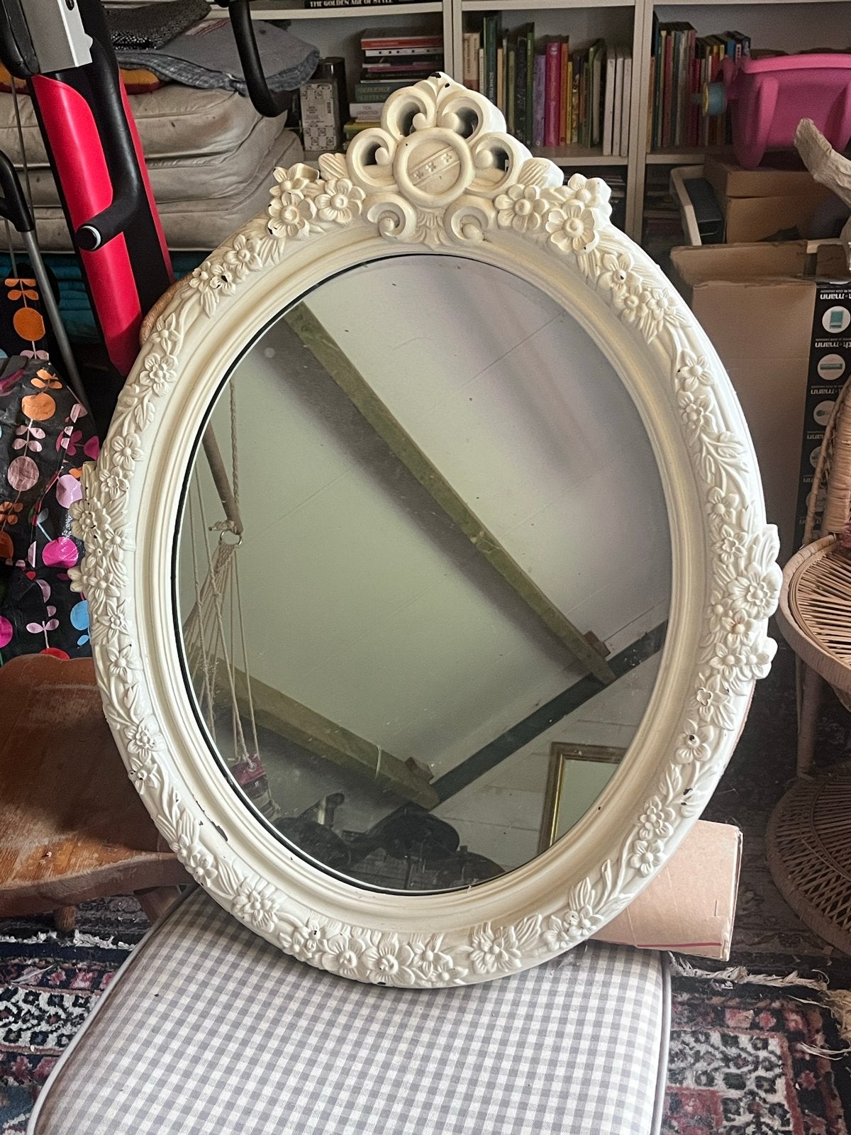 Ovale Spiegel met Sierlijke Lijst - Crème Wit, Ophalen, Ovaal, 50 tot 100 cm, 100 tot 150 cm