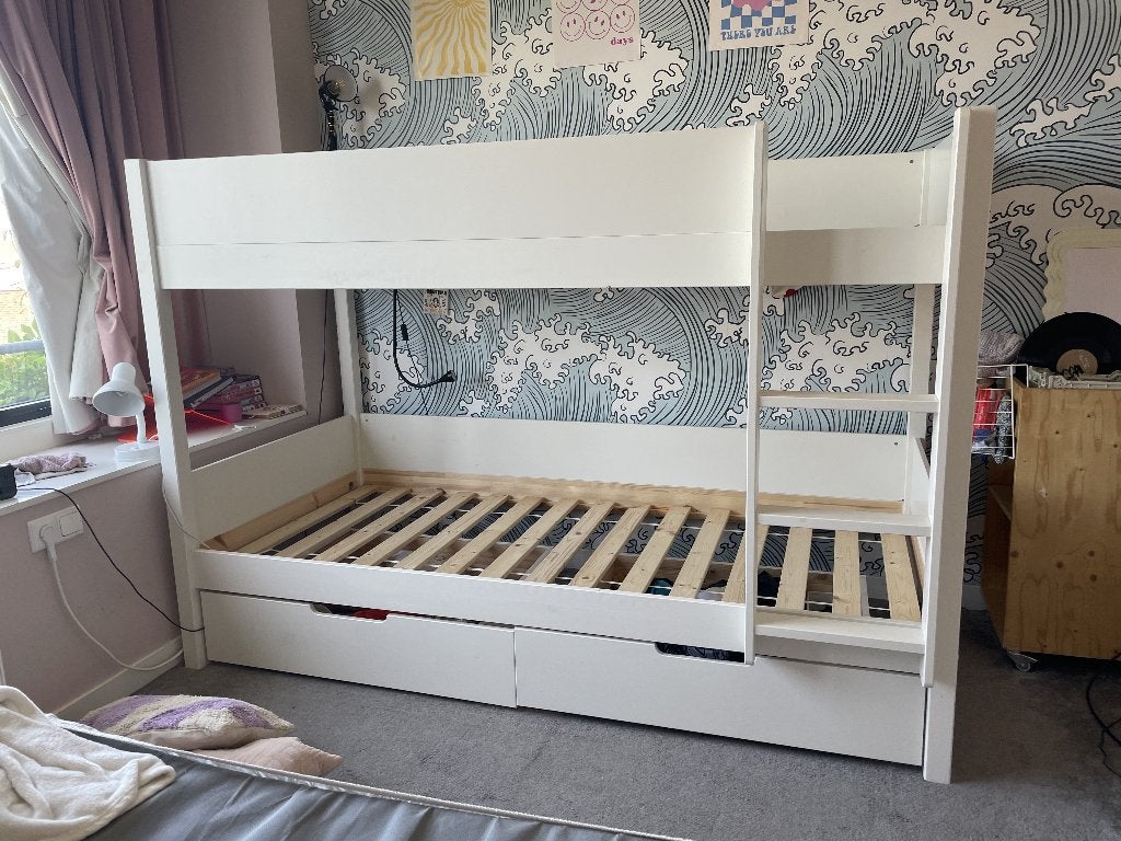 Stapelbed wit met lades, Kinderen en Baby's, Kinderkamer | Stapelbedden en Hoogslapers, Ophalen, Gebruikt, Stapelbed