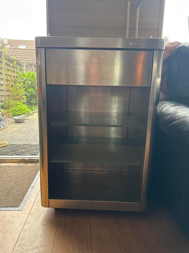 Rvs koffie trolly met lade en glazen planken, Huis en Inrichting, Ophalen of Verzenden, Gebruikt