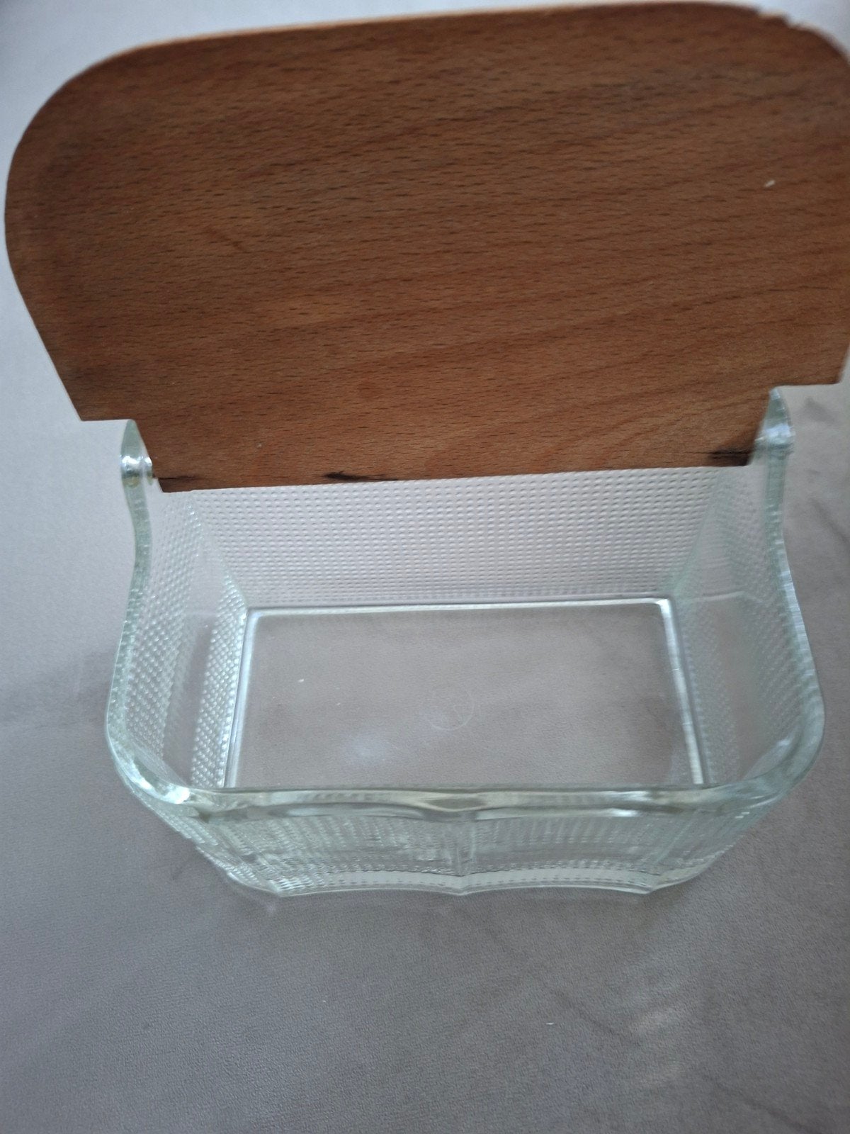 Vintage Glazen Zoutbakje met Houten Deksel, Ophalen of Verzenden
