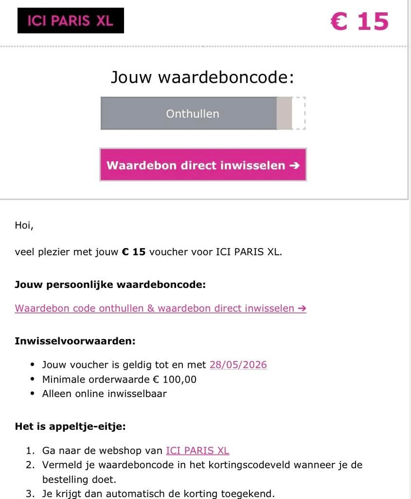 ICI PARIS 15 euro korting, Eén persoon, Kortingsbon, Warenhuis- of Winkelbon