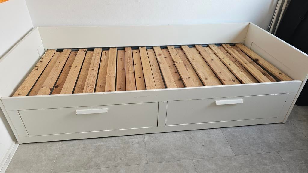 Ikea Brimnes bedbank wit met 2 lades, Gebruikt, Wit, Tweepersoons, Ophalen of Verzenden