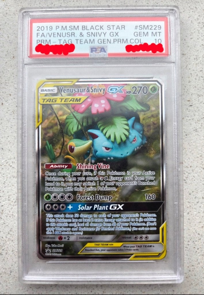 PSA 10 Venusaur & Snify SM229 Tag Team Black Star Promo, Ophalen of Verzenden, Zo goed als nieuw, Losse kaart