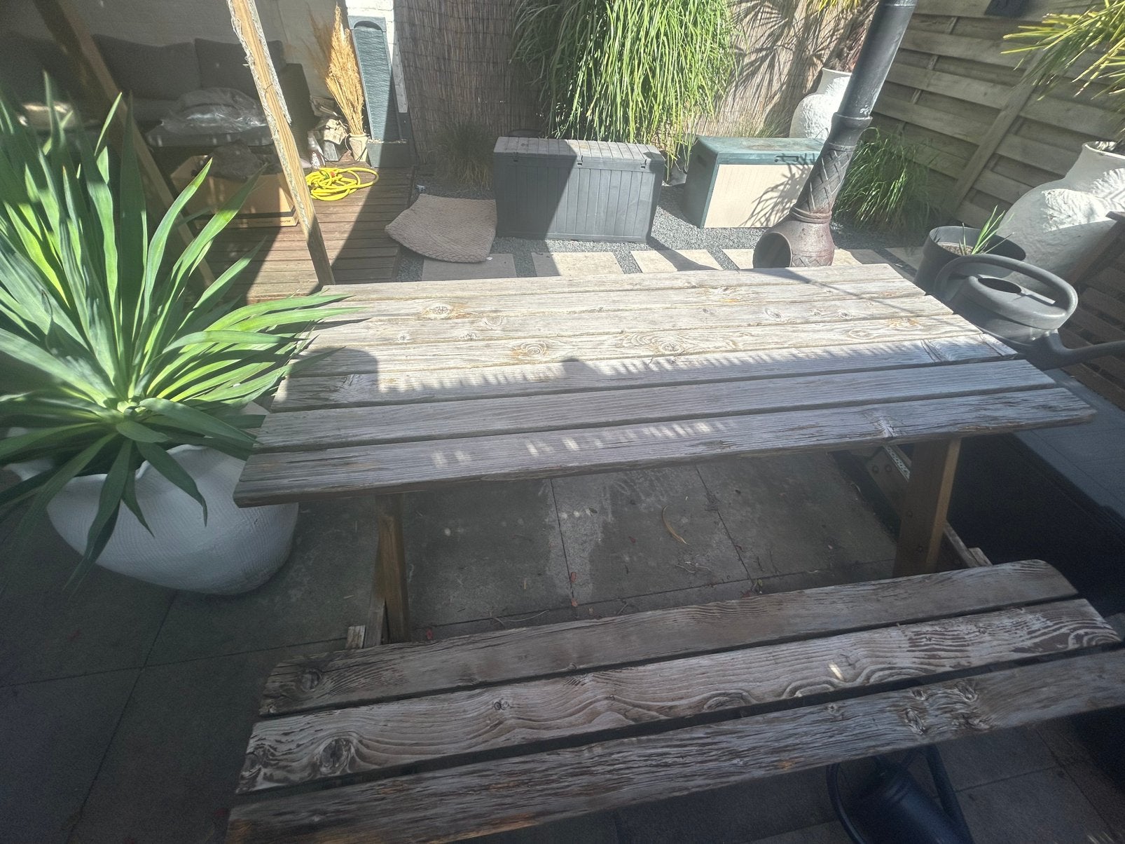 Picknicktafel  hout 180  cm inklapbare banken, Ophalen, Gebruikt, Inklapbaar, Rechthoekig