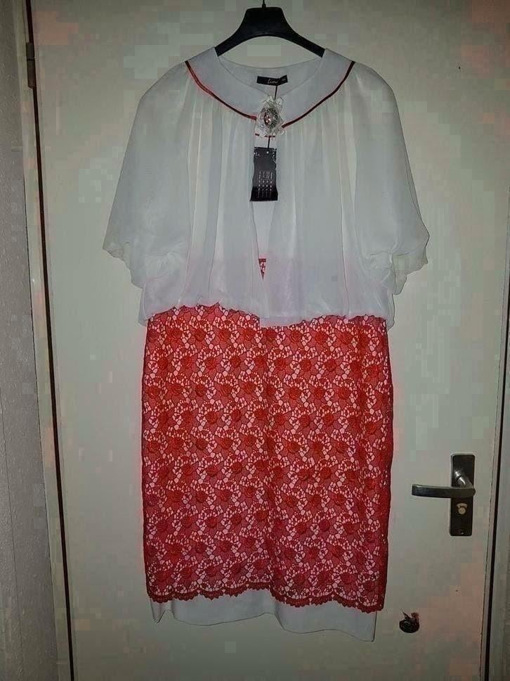Feestjurk Cocktailjurk wit- rood Jurkkant  en bolero maat 42, Maat 42/44 (L), Nieuw, Ophalen of Verzenden, Knielengte